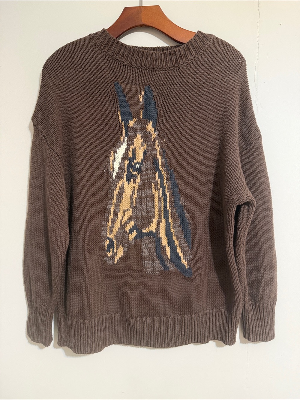 Altar'd State Brown Crewneck Sweater with Horse Intarsia
